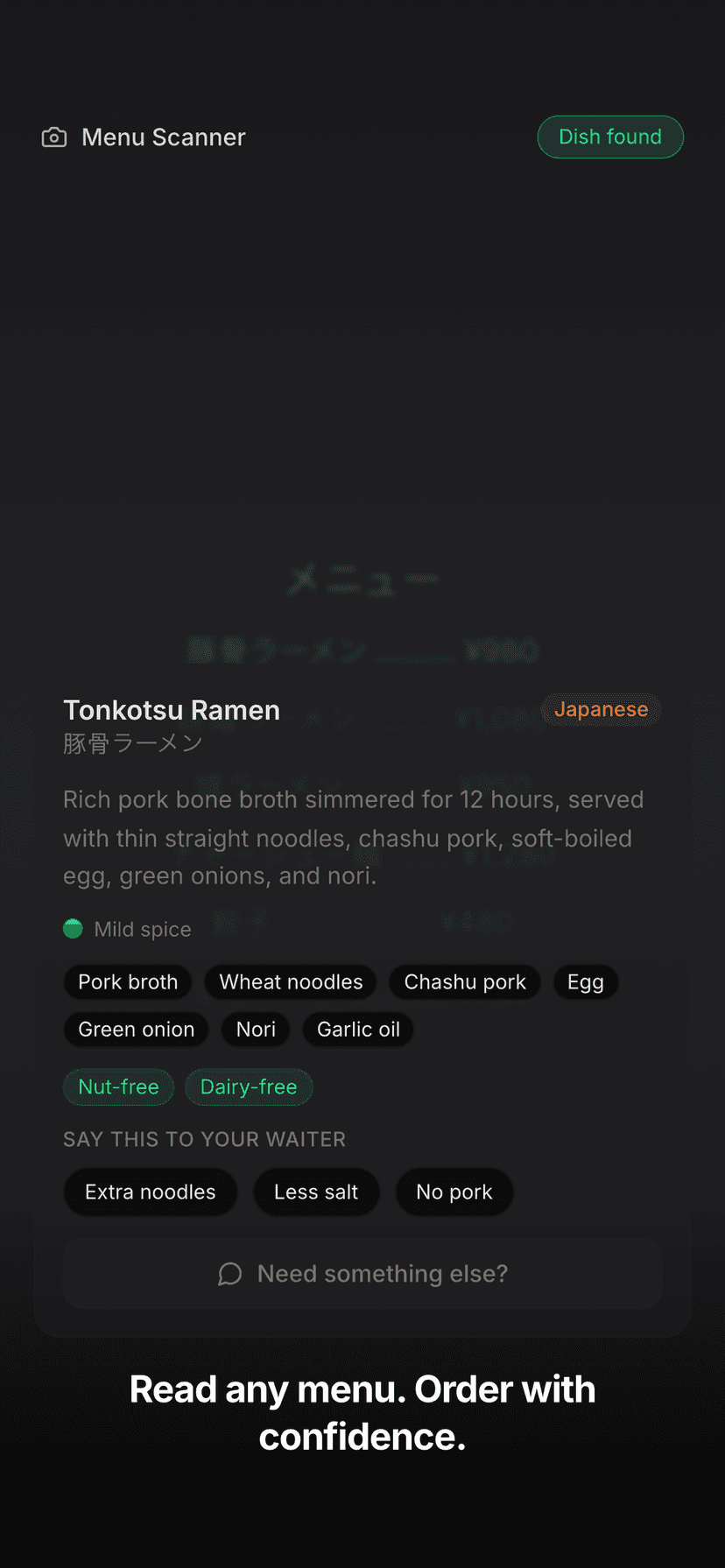 Menu scan showing Tonkotsu Ramen with ingredients and dietary flags